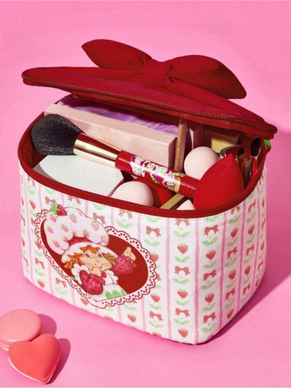 Strawberry Shortcake Cosmetic Bag Cute Strawberry Print Bow Makeup Pouch Travel - Picture 2 of 3